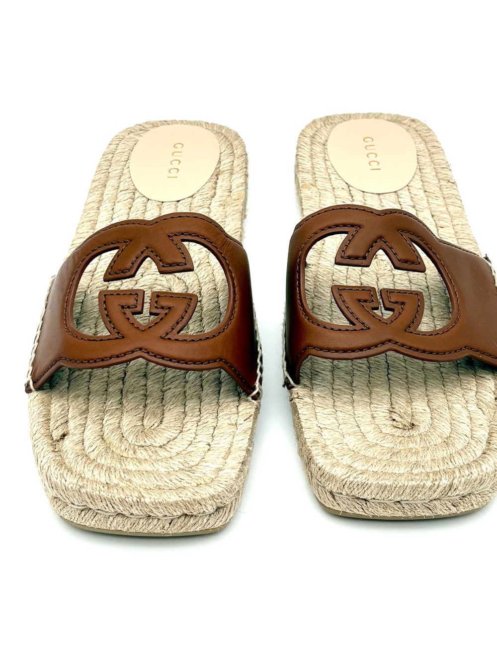Gucci Interlocking G Leather Espadrille Slides / Sandals